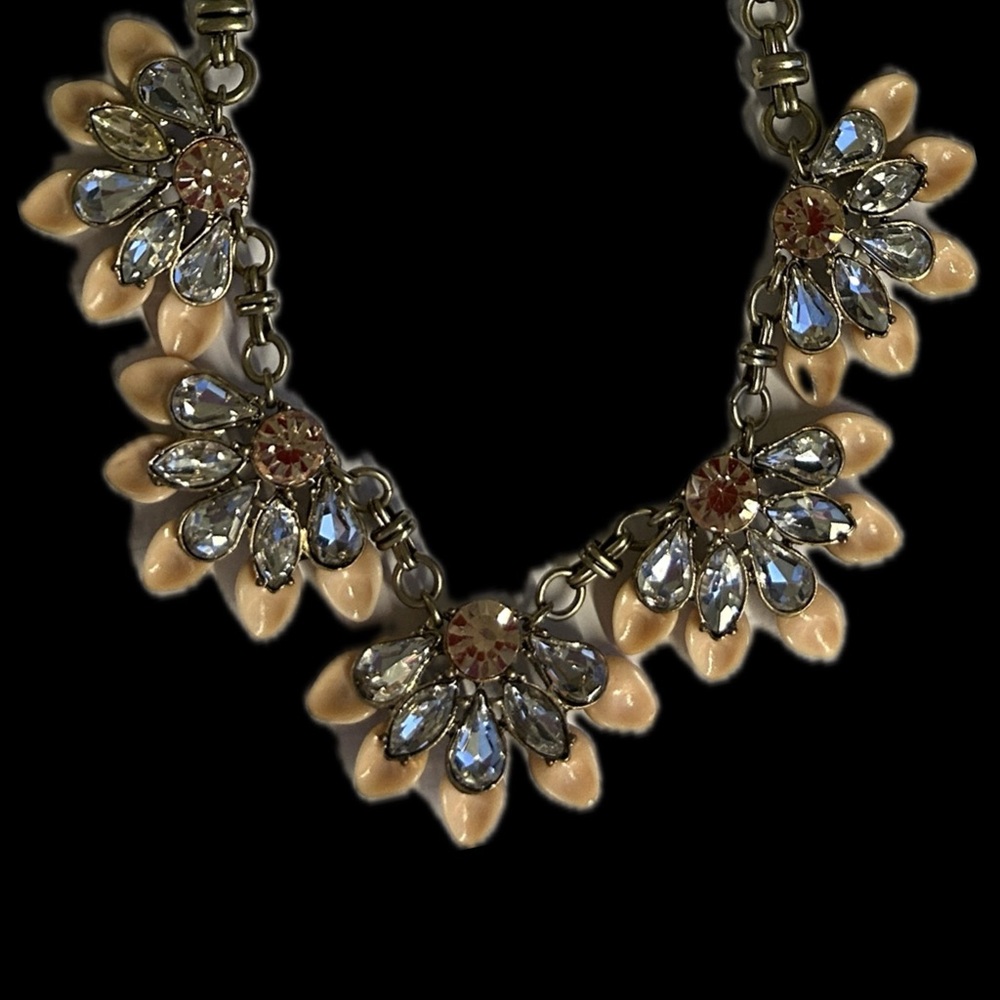 Dune Willow Floral Bib Necklace Rhinestones & Acrylic Peach Flowers.